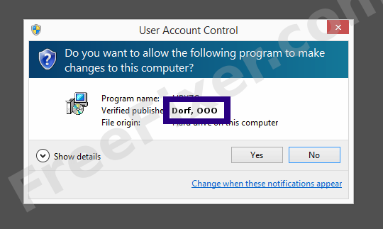 Screenshot where Dorf, OOO appears as the verified publisher in the UAC dialog